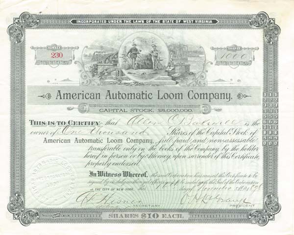 American Automatic Loom Co. - 1898 dated Stock Certificate